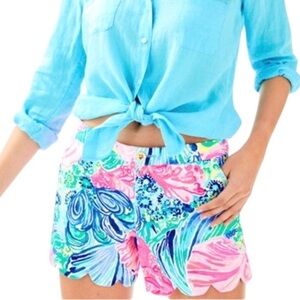 Lilly Pulitzer 5” Buttercup Shorts Beach Please Print Size 2 Blue Pink 27896
